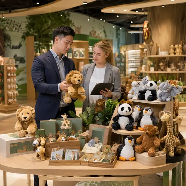 Souvenir merchandise buyer reviewing themed products for a destination gift shop