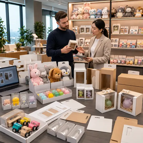 Retail-ready toy packaging PDQ display and shelf merchandising preparation