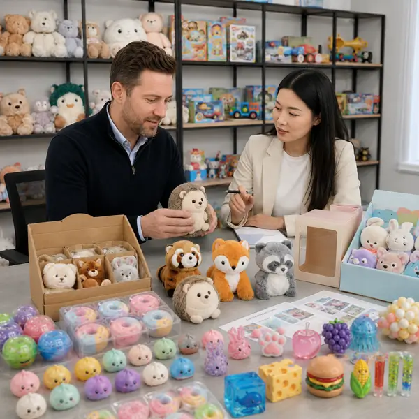 Retail toy buyer reviewing product assortment packaging and shelf presentation