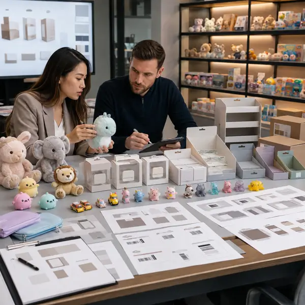 Retail toy project review with packaging samples PDQ and quality coordination