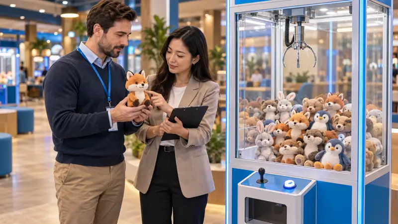 International buyer and operator reviewing plush samples beside a claw machine.