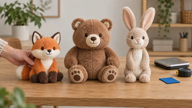Three original animal plush samples with different body shapes on a review table.