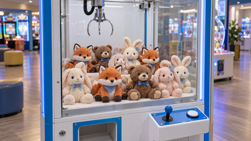 Original animal plush prizes arranged inside a claw machine under cabinet lighting.