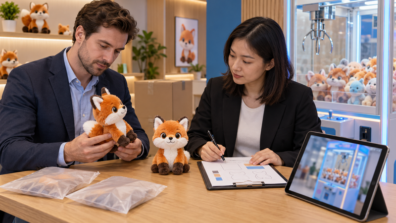 Buyer and operator comparing plush samples and review notes beside an idle claw machine.