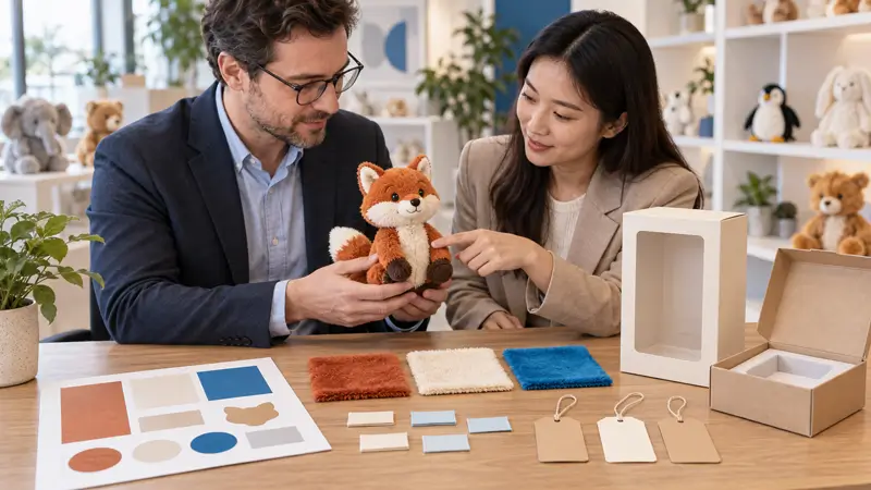 International buyer reviewing plush samples, fabric swatches and packaging