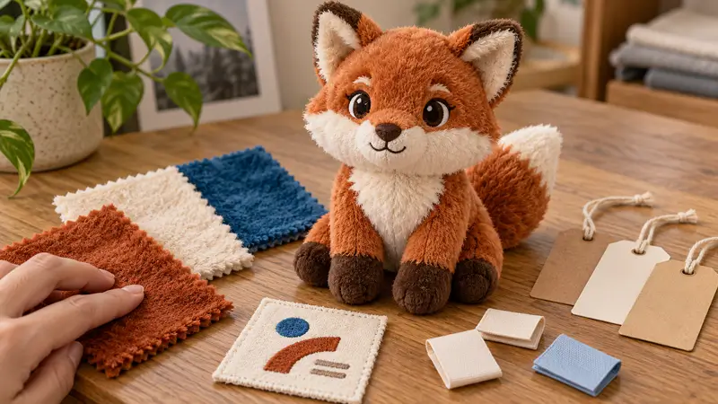 Original fox plush with fabric swatches, embroidery samples and blank woven labels.