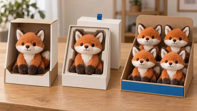 Original plush toy samples beside a retail box, gift box and small counter display.