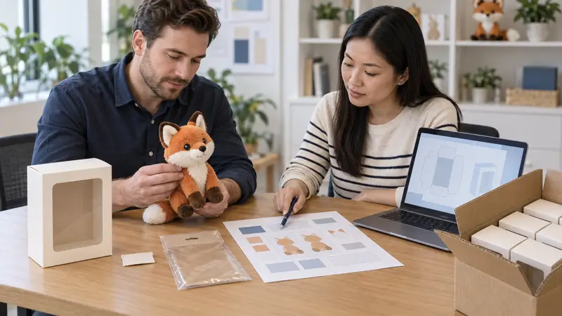 Buyer and specialist checking a plush sample, packaging and approval documents together.