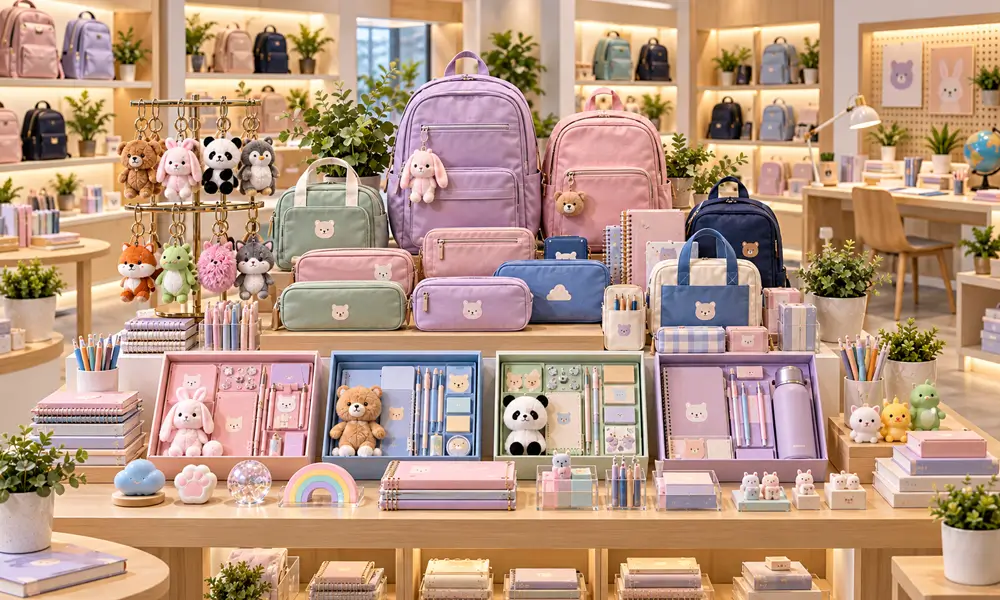 Back to school gift mix with pencil cases plush hangers stationery sets and desk gifts