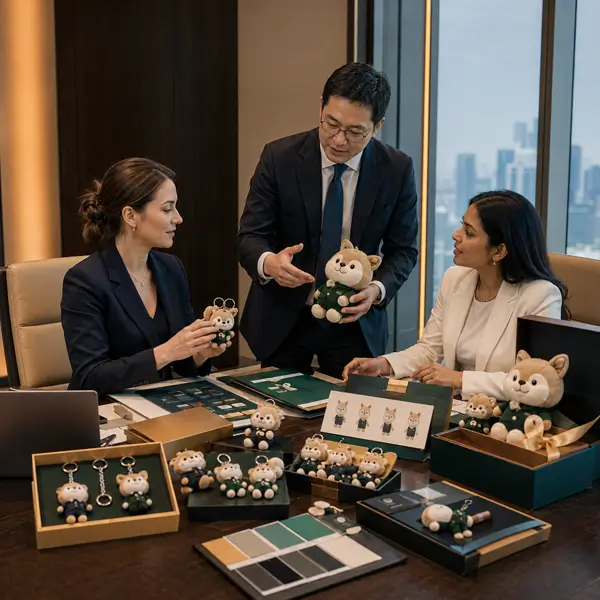 Bank marketing and gift program buyers reviewing branded gifts