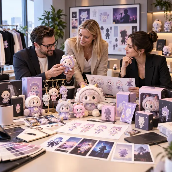 Talent agency and merchandise team reviewing collectible fan merchandise prototypes