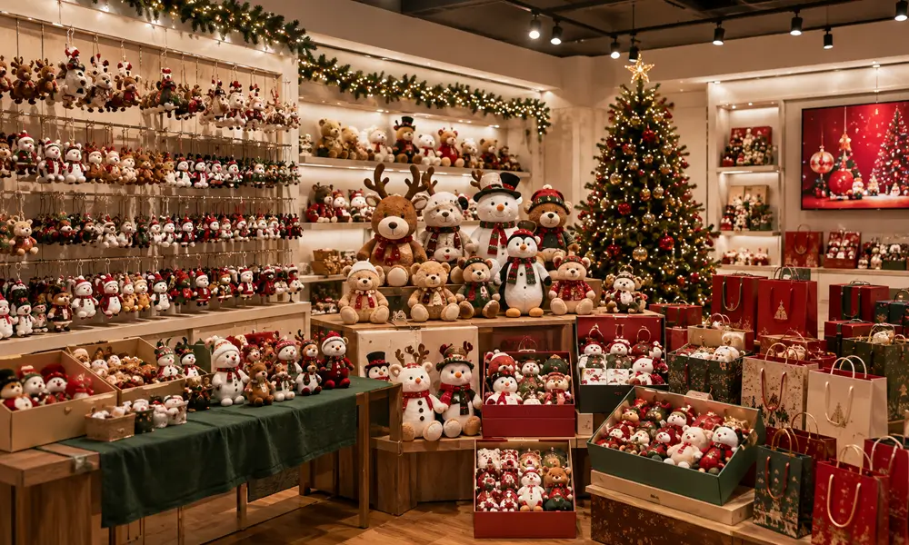 Christmas seasonal product mix with ornaments plush corporate gift sets and packaging