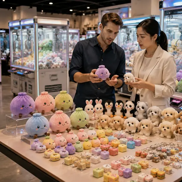 Claw machine operator reviewing prize size weight and machine fit