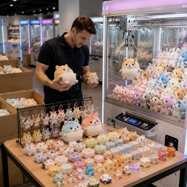Claw machine operator comparing prize dimensions weight and cabinet fit