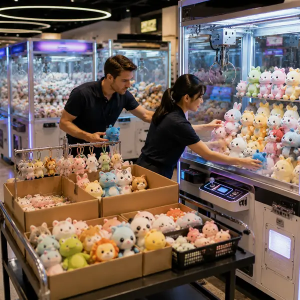 Claw machine operator refreshing themed prize assortment