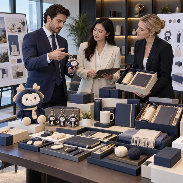 Corporate marketing HR and procurement teams reviewing promotional gift products