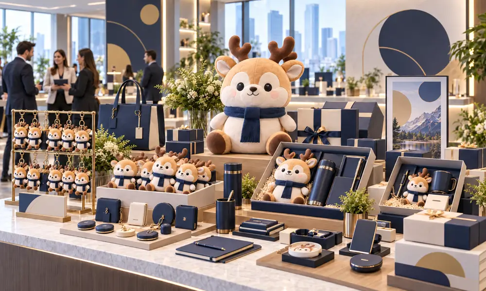 Corporate promotional gift mix with mascot plush giveaways employee customer and VIP gift sets