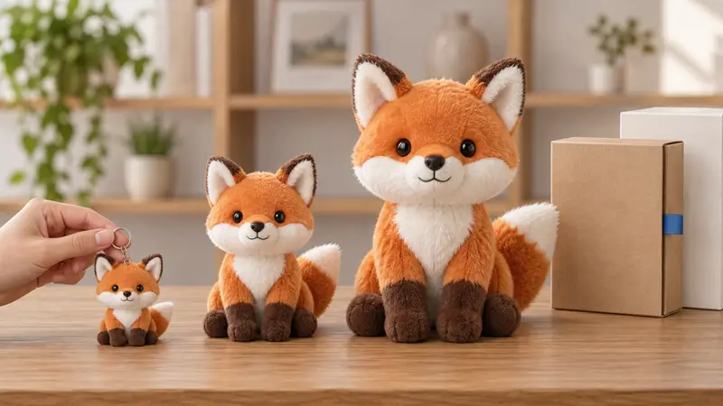 Original fox plush toys in keychain, small and medium sizes arranged for comparison.