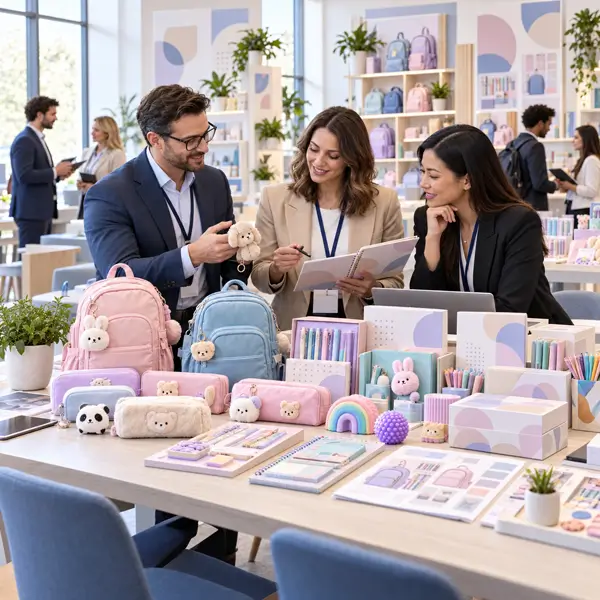 School gift buyer reviewing pencil cases plush hangers and stationery gift sets