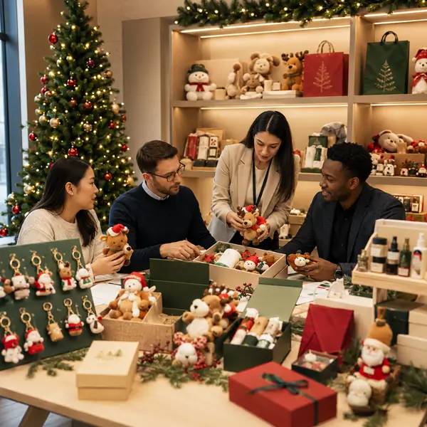 Retail gift and corporate buyers reviewing Christmas seasonal merchandise
