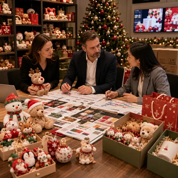 Christmas seasonal buyer reviewing gift packaging production and delivery schedule