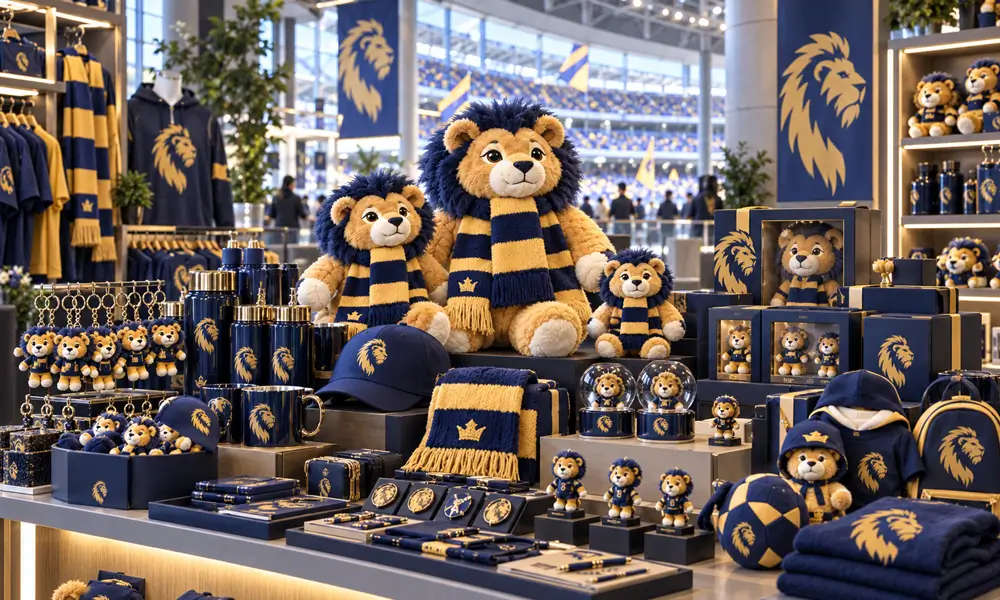 Sports event merchandise mix with mascot plush keychains fan gifts limited editions and youth products