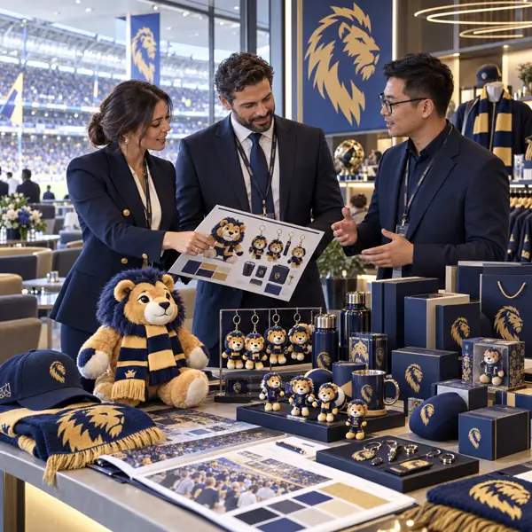 Sports club merchandise buyer reviewing mascot plush fan gifts and event packaging