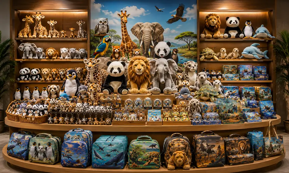 Theme park and zoo souvenir collection with plush keychains gifts and multiple product sizes