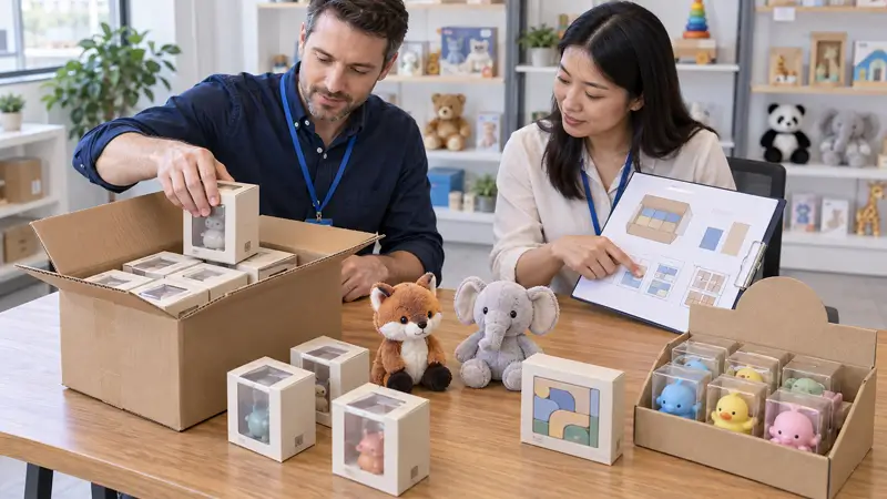 Product specialist reviewing toy samples, individual packaging and an open shipping carton.