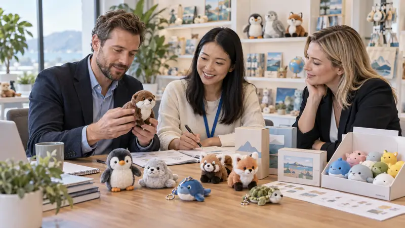 International buyers reviewing a toy assortment with plush samples and retail packaging.