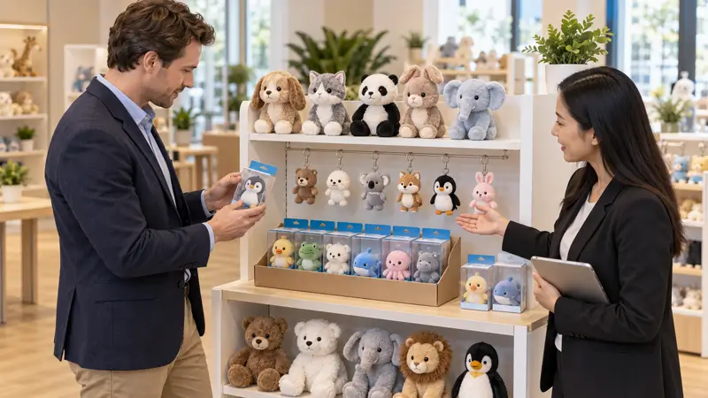 Buyer comparing compact toy packaging with a retail shelf and counter display.